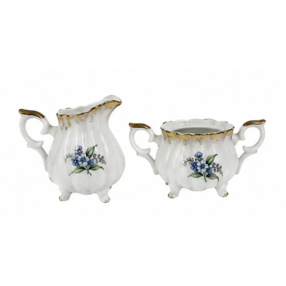 Vintage Forget-Me-Not Porcelain Creamer & Covered Sugar Bowl Set Gold Trim
